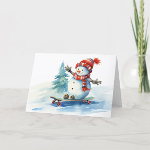 Waterverf Kerstsneeuwman op een skateboard Feestdagen Kaart
