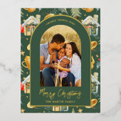 Waterverf kerststad Foto groen Folie Feestdagen Briefkaart (Voorkant)