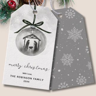 Waterverf Kerststal Grijs Ornament Prettig Kerstfe Cadeaulabel