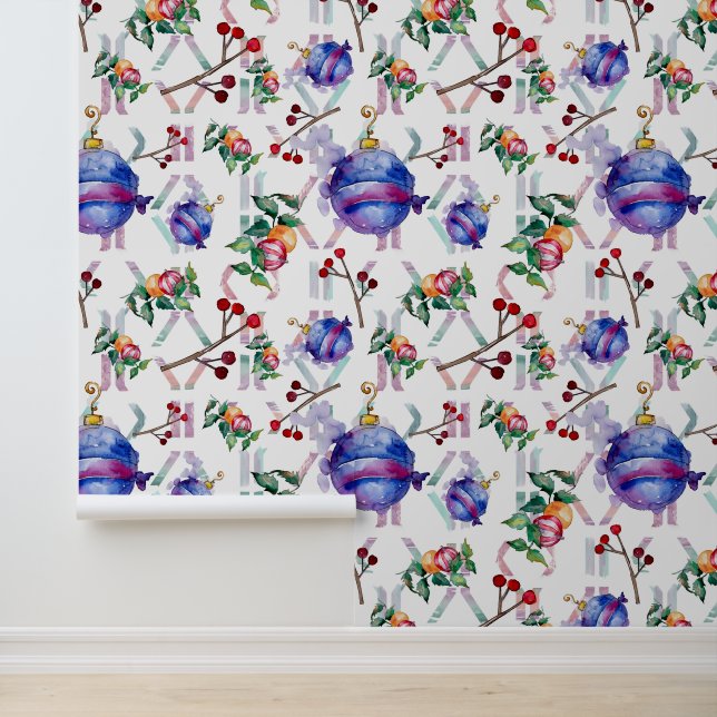 Waterverf kerstversiering blauw rood behang (Applicatie)