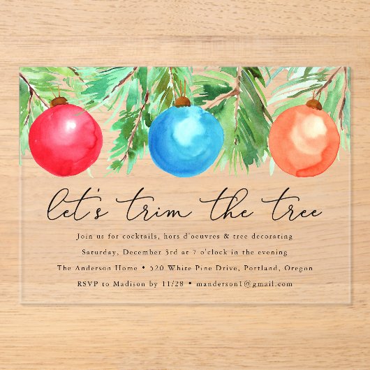 Waterverf kerstversiering boom trimmen partij acryl uitnodigingen (Voorkant)