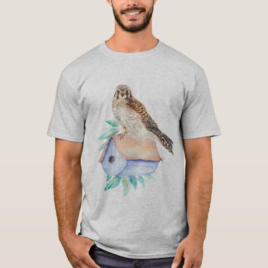 Waterverf Kestrel Sparrow Hawk Guarding Birdhouse T-shirt (Voorkant)