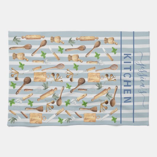 Waterverf Keukenmonogram gereedschap Modern Blauw Theedoek (Horizontaal)