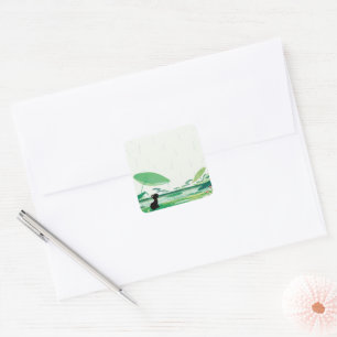 Waterverf kikker in de regen vierkante sticker