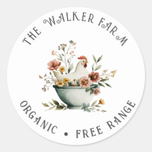 Waterverf Kip Bloemige Familieboerderij Ronde Sticker