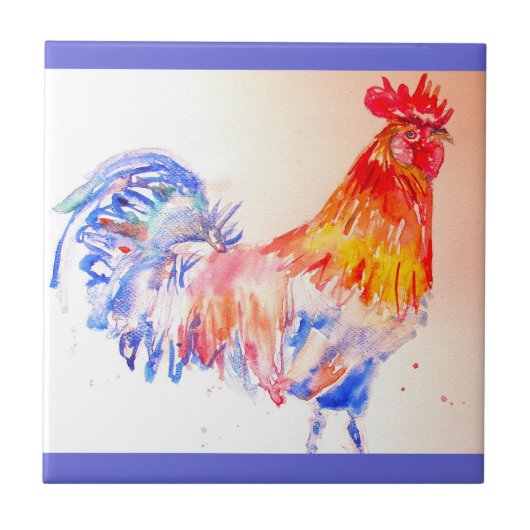 Waterverf Kip Rooster Rood Geel Blauw Tegeltje (Voorkant)