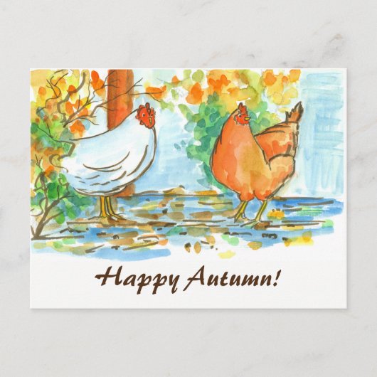 Waterverf kippen blij najaar briefkaart (Voorkant)