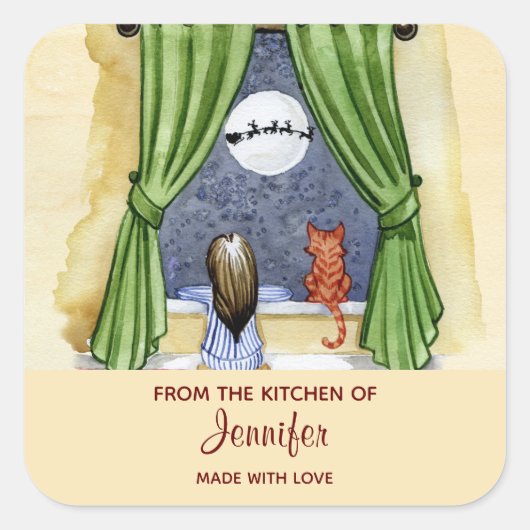 Waterverf Kitchen met kerstavond Vierkante Sticker (Voorkant)