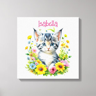 Waterverf Kitten Bloemen Gepersonaliseerd Canvas Afdruk