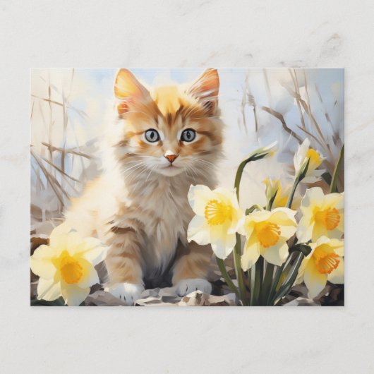 Waterverf Kitten en Daffodils Briefkaart (Voorkant)