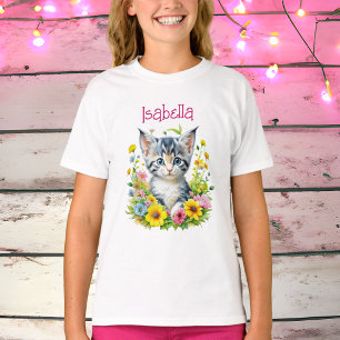Waterverf Kitten Flowers gepersonaliseerd T-shirt