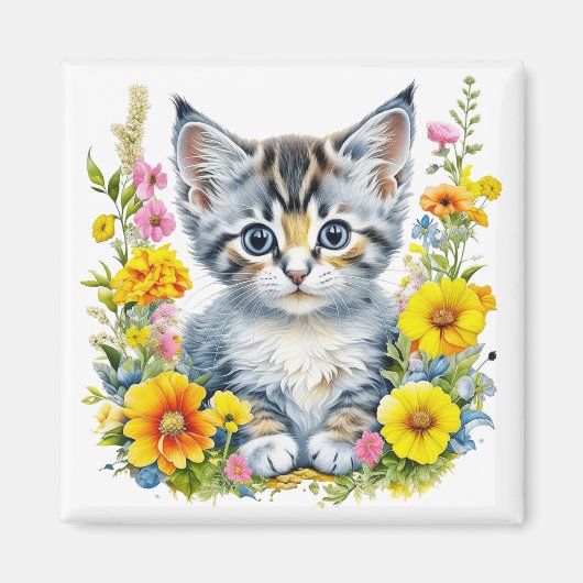 Waterverf Kitten Flowers Magneet (Voorkant)