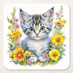 Waterverf Kitten in geel en roze bloemen Vierkante Kartonnen Onderzetter