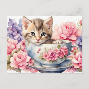 Waterverf Kitten in Theekop met Bloemen Briefkaart