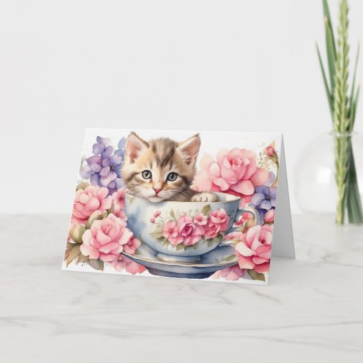 Waterverf Kitten in theekopje met bloemen Kaart (Voorkant)