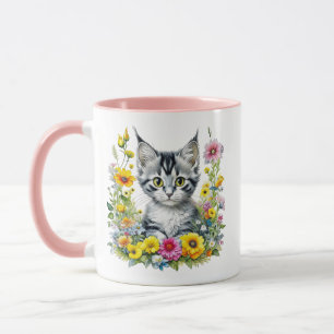 Waterverf Kitten in Yellow Flowers Gepersonaliseer Mok