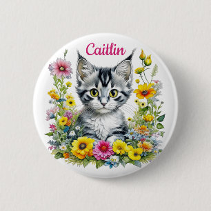 Waterverf Kitten in Yellow Flowers Gepersonaliseer Ronde Button 5,7 Cm