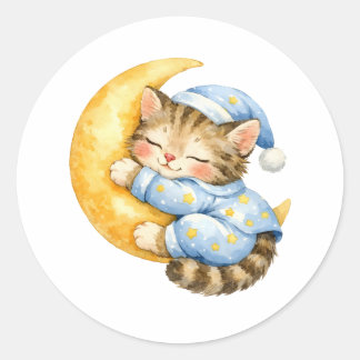 Waterverf Kitten Slapend op de Halve Maan Ronde Sticker