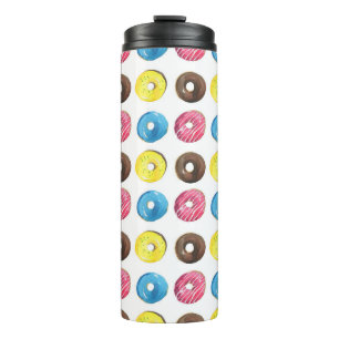 Waterverf kleine donuts, naadloos patroon. thermosbeker