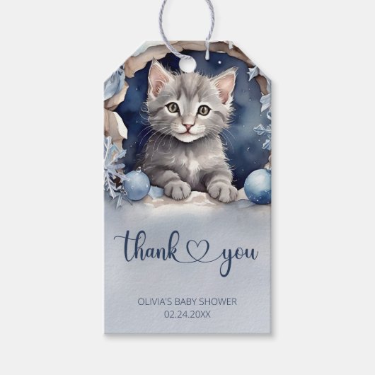 Waterverf kleine kitten Baby shower Dank u Cadeaulabel (Voorkant)