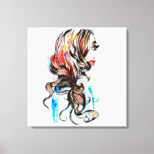 Waterverf kleurrijke haarstyling golvende haar mak canvas afdruk