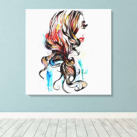 Waterverf kleurrijke haarstyling golvende haar mak canvas afdruk (Insitu (Houten vloer))