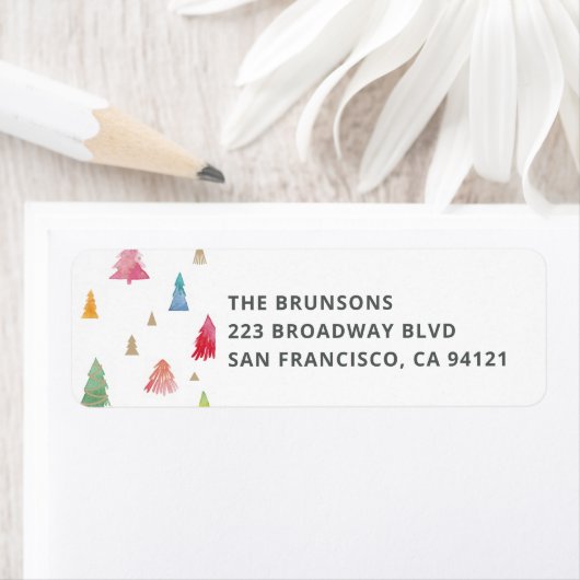 Waterverf Kleurrijke Kerstbomen Retouradres Etiket (Insitu)