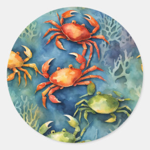 Waterverf Kleurrijke Krabben & Zee Koraal Kust- Ronde Sticker