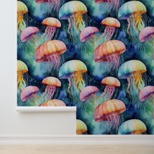 Waterverf Kleurrijke kwallen Oceaandieren Behang