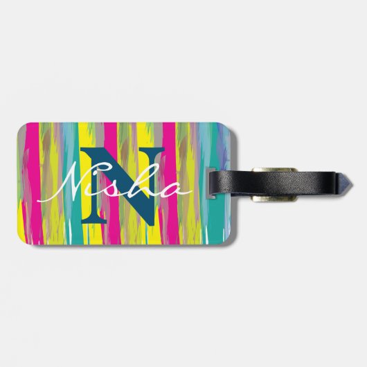 Waterverf Kleurvolle textuur Blauw Monogram Bagagelabel (Achterkant horizontaal)