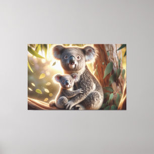 Waterverf Koala en Baby Joey in een boomschilderij Canvas Afdruk