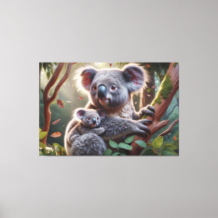 Waterverf Koala en Baby Joey in een boomschilderij Canvas Afdruk