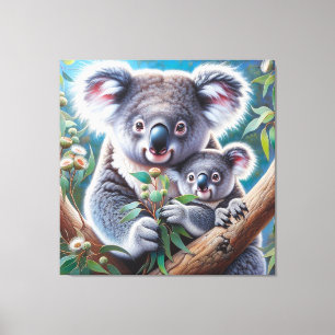 Waterverf Koala en Baby Joey in een boomschilderij Canvas Afdruk