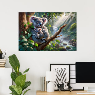Waterverf Koala en Baby Joey in een boomschilderij Poster