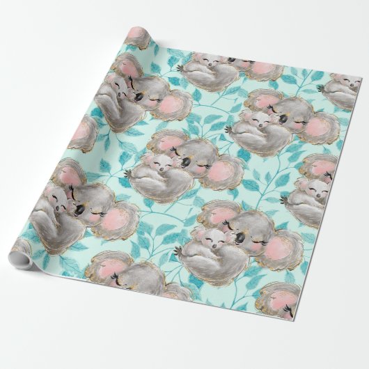 Waterverf Koala Mam, Baby Greenery Wrapping Paper Cadeaupapier (Uitgerold)