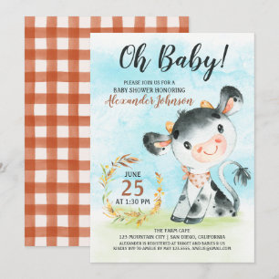 Waterverf Koe Baby shower Boerderij Uitnodiging