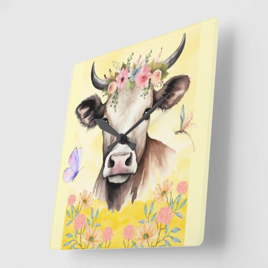 Waterverf Koe Bloemen in een weide Vierkante Klok (Hoek)