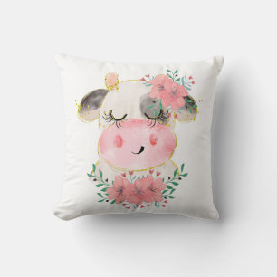 Waterverf Koe met Bloemen Worp Kussen