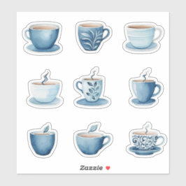 Waterverf Koffiekopjes 3 Blauw Sticker