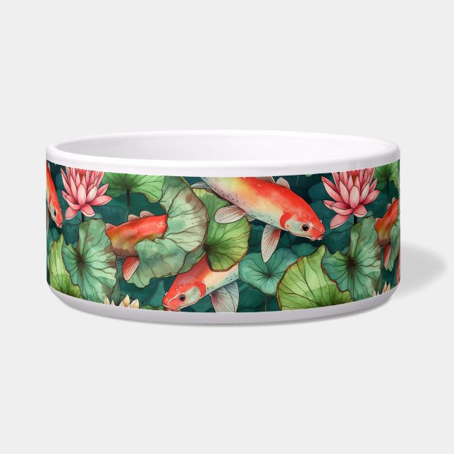 Waterverf Koi en Water Lilies Ceramic Pet Bowl Voerbakje (Voorkant)