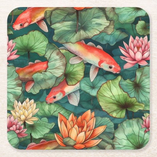 Waterverf Koi en Water Lilies Onderzetter (Voorkant)