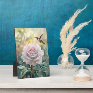 Waterverf kolibrie en roze roos fotoplaat