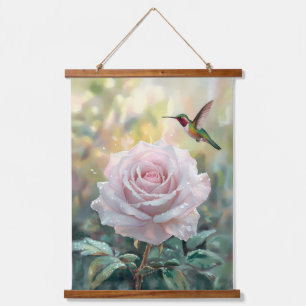 Waterverf kolibrie en roze roos hangend wandkleed