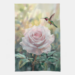 Waterverf kolibrie en roze roos theedoek