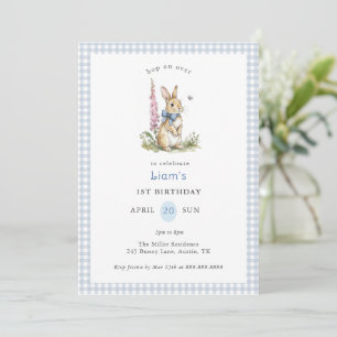 Waterverf Konijn blauw Gingham jongen 1e verjaarda Kaart