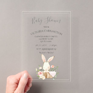 Waterverf Konijn Bloemen Groen Meisje Baby Shower Acryl Uitnodigingen