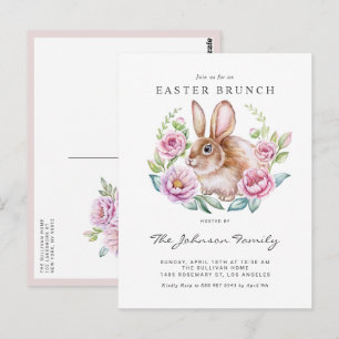 Waterverf Konijn en Roze Bloemen Pasen Feest Briefkaart