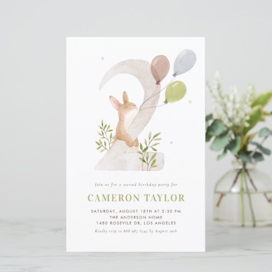 Waterverf Konijn Tweede Verjaardagsuitnodiging (Staand voorkant)