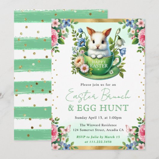 Waterverf konijnenlente bloemen paasbrunch kaart (Voorkant / Achterkant)