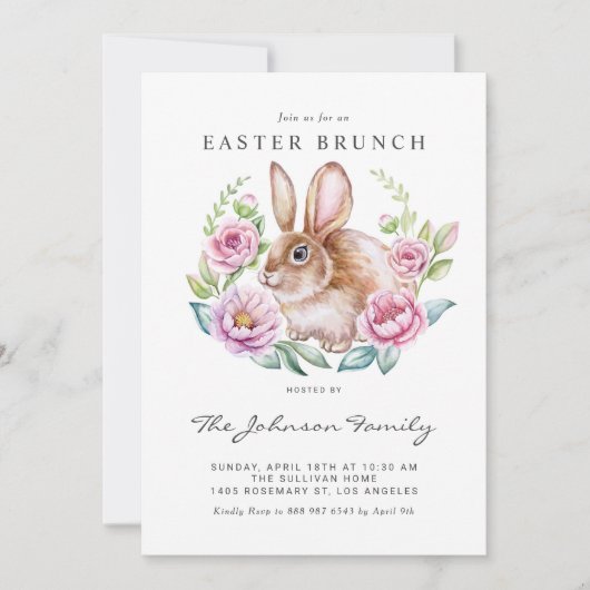 Waterverf konijntje en roze bloemen paasfeest kaart (Voorkant)